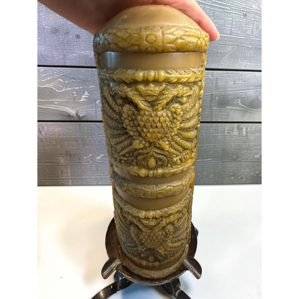 Large Carved Relief Pillar Candle Metal Stand 12x4.5in Vintage Style Decorative